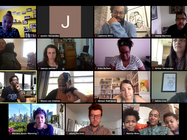 Screenshot of Spencer Virtual Conference Convening on Zoom. Picture shows 15 square boxes with people inside smiling and looking towards camera.